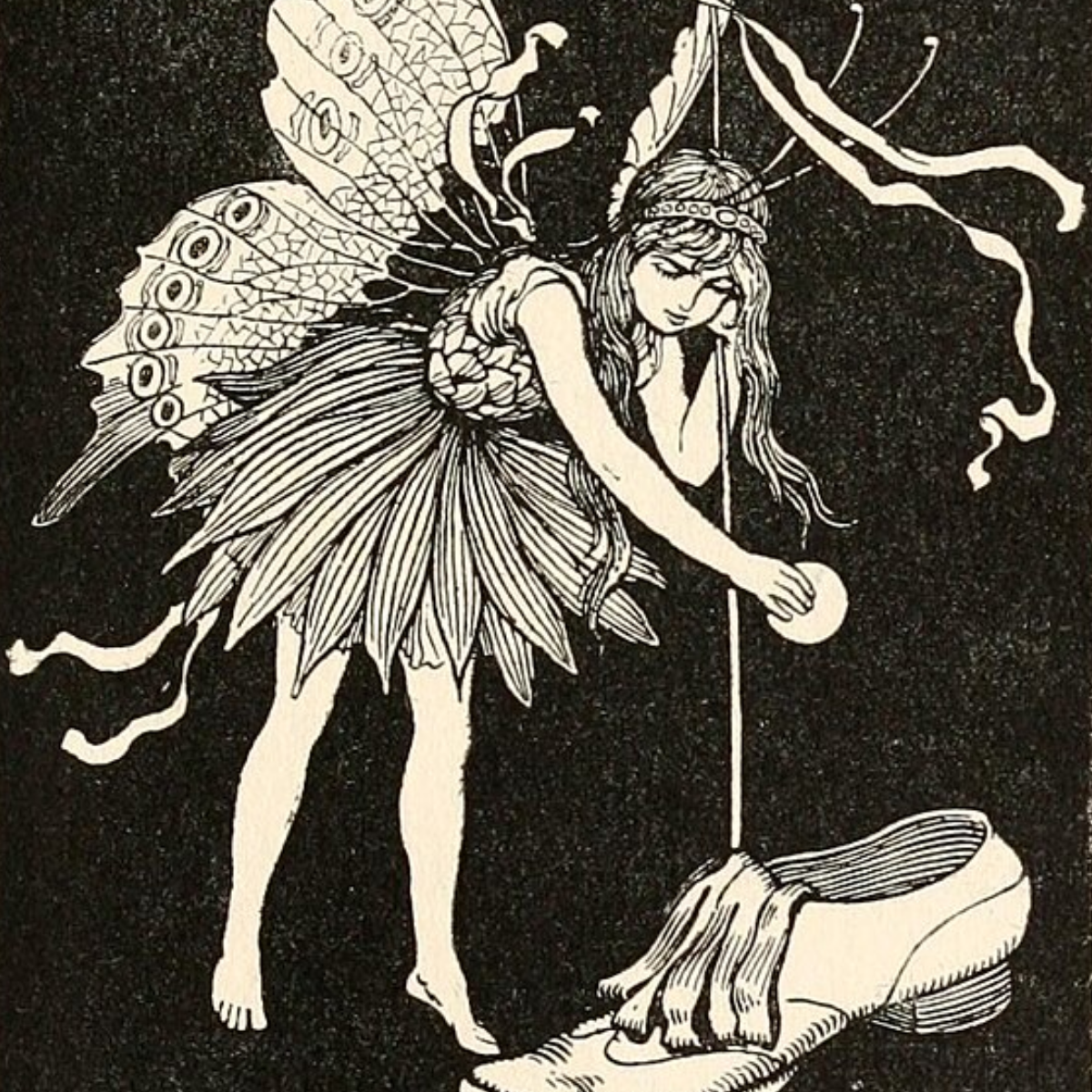 Illustration of a faerie putting a coin in a shoe.