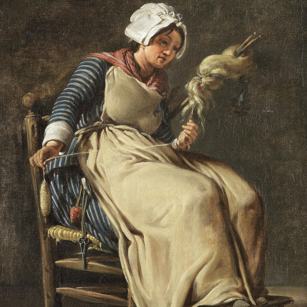 Painting of a woman spinning flax on a spindle.