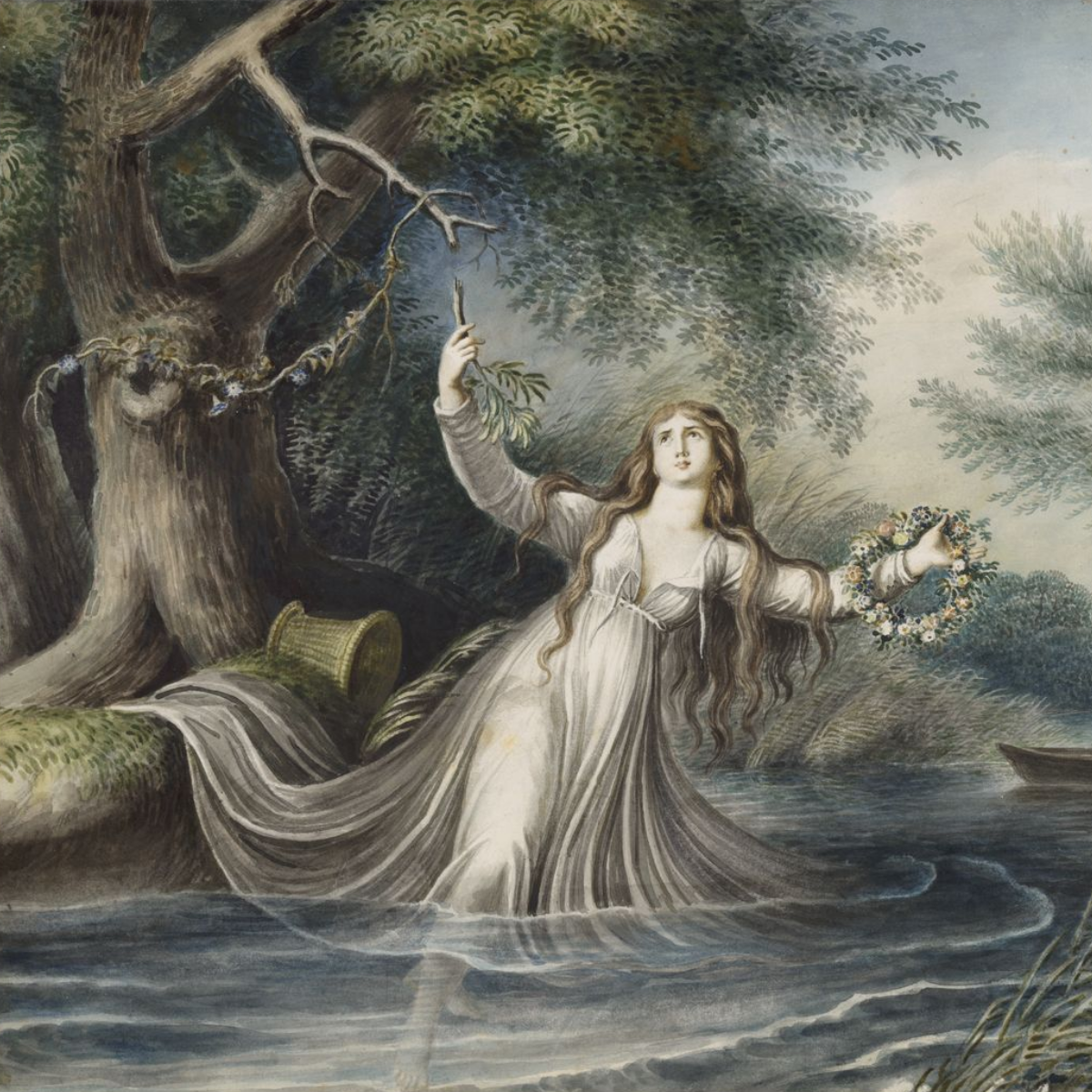 Painting of the character Ophelia (from Hamlet) falling into the water by Johann Heinrich Ramberg.