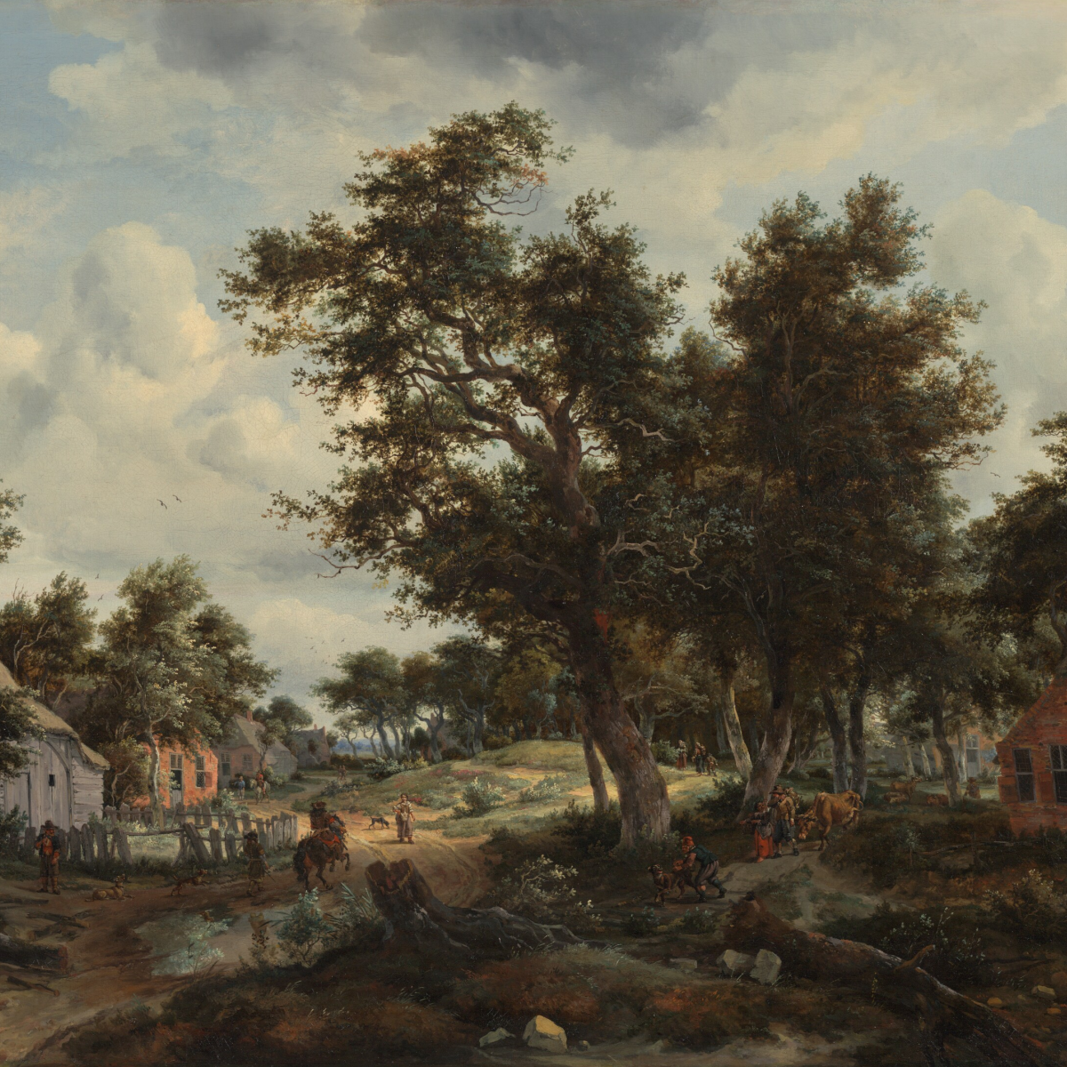 Digital image of A Wooded Landscape with Travelers on a Path through a Hamlet by Meindert Hobbema and Abraham Storck.