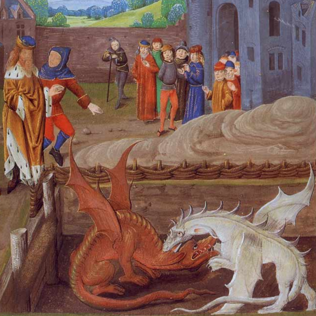 Illumination of a 15th-century manuscript of Historia Regum Britanniae (History of the Kings of Britain by Geoffrey of Monmouth) showing Vortigern and Ambrosius watching the fight between two dragons by Master of Edward IV (manuscript illuminator).